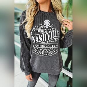 New With Tags Black Ribbed Nashville Graphic Long Sleeve Pullover Top
